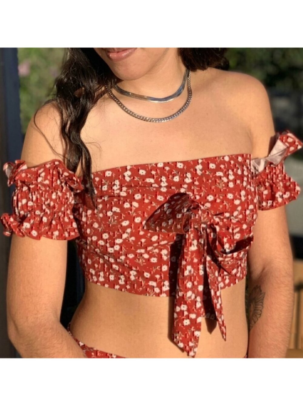 SHEIN? Rust Red White Floral Off the Shoulder Tie Bow Smocked Back Boho Crop Top